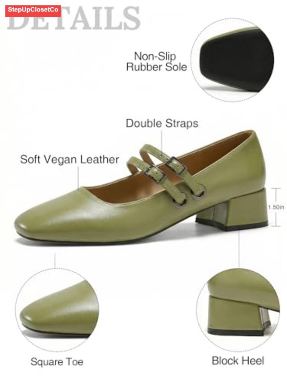 Low Pearl Heels Closed Square Toe Pumps Mary Jane Double Strap Comfortable Slip - Picture 4 of 6